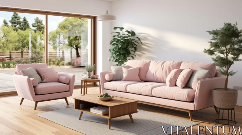 Cozy Living Room Interior with Pink Sofa and Green Plant AI Image