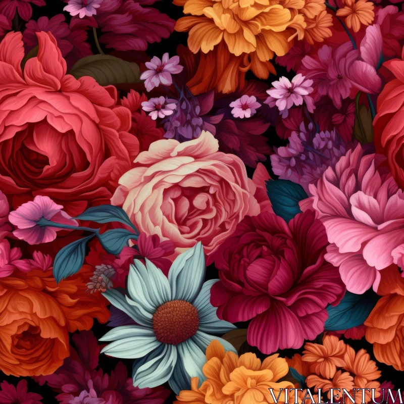 Dark Floral Pattern with Roses, Peonies, and Daisies AI Image