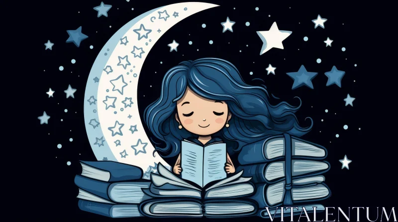 Girl Reading Book Cartoon Illustration AI Image