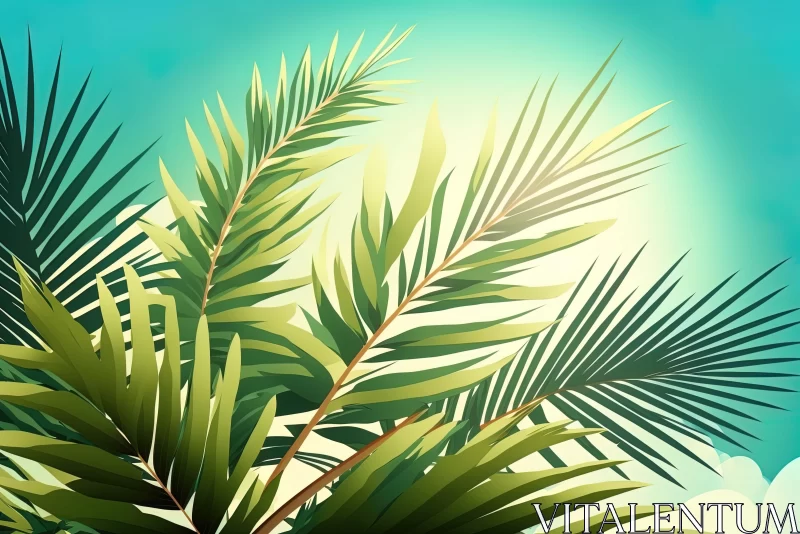 AI ART Graphic Illustration of Palm Leaves Under Blue Sky | Mid-Century Style