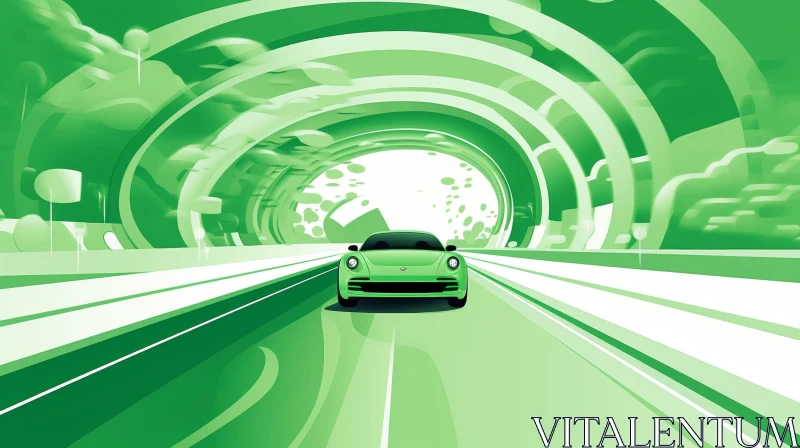 AI ART Green Car Driving on Futuristic Road