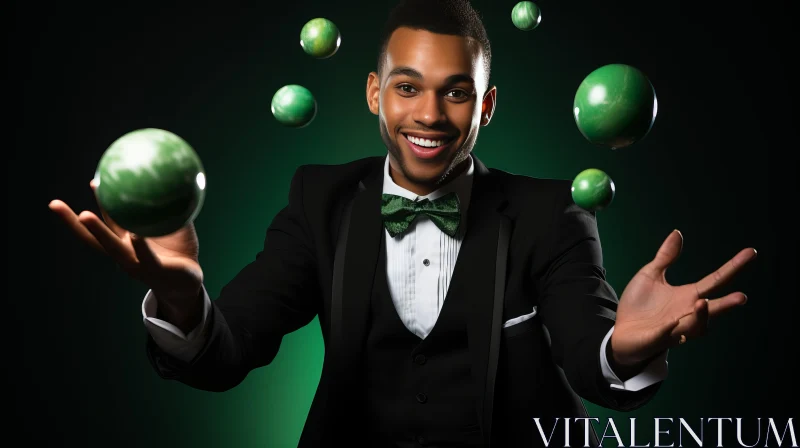 Magician Performing with Green Spheres in Bold Colorism Style AI Image