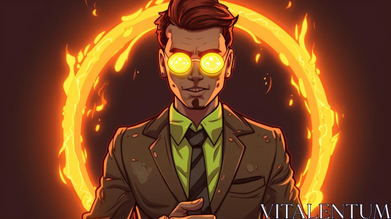 Man in Suit and Tie Digital Painting with Fire Ring AI Image