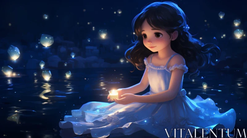Nighttime Serenity - Girl with Candle and Lanterns AI Image