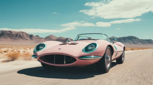 Pink Vintage Car Speeding Through Desert Landscape