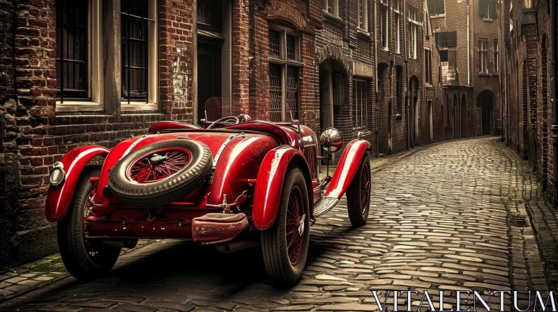 Red Vintage Car on Cobblestone Street AI Image