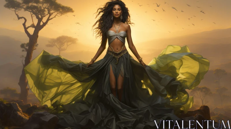 Serene African Descent Woman in Green and Gold Gown at Sunset AI Image