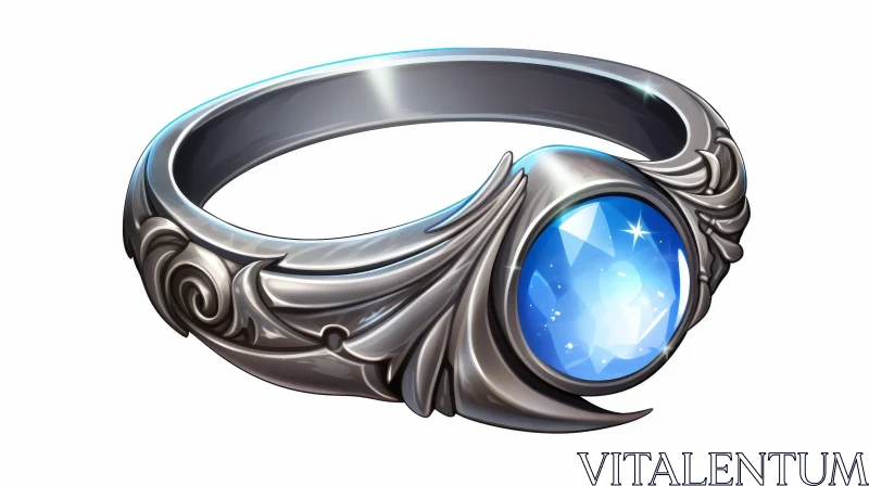 AI ART Silver Ring with Blue Gemstone - Unique Design Illustration
