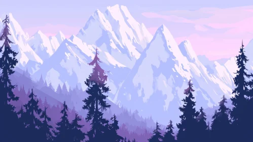 Snow-Capped Mountains Landscape with Pine Trees and Purple Sky