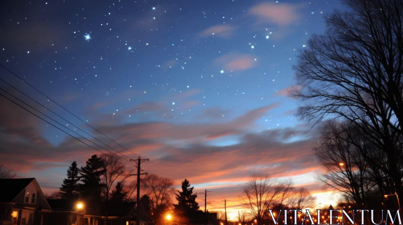 Starry Sky Over a Suburban Street: An Atmospheric Urbanscape AI Image