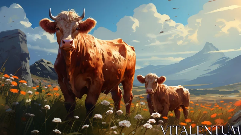 AI ART Tranquil Painting of Cow and Calf in Flower Field