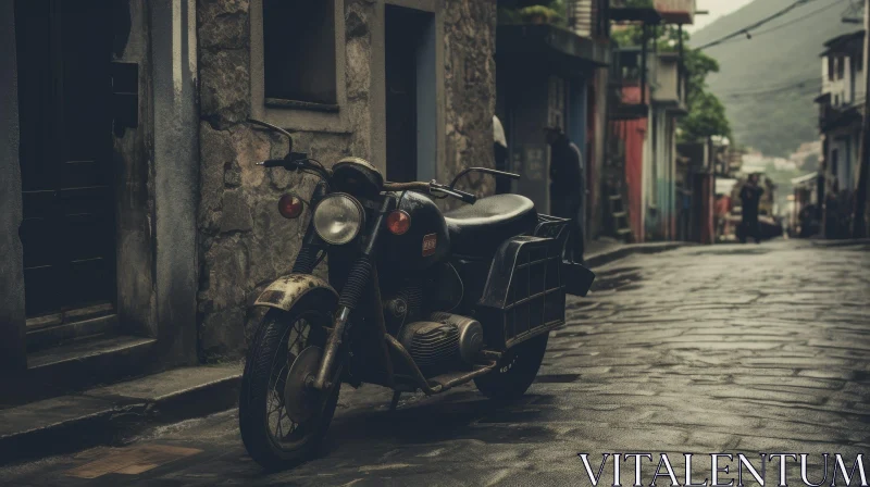Vintage Motorcycle on Cobblestone Street AI Image