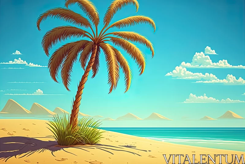 Whimsical Cartoon Palm Tree on Beach | Detailed Illustration AI Image