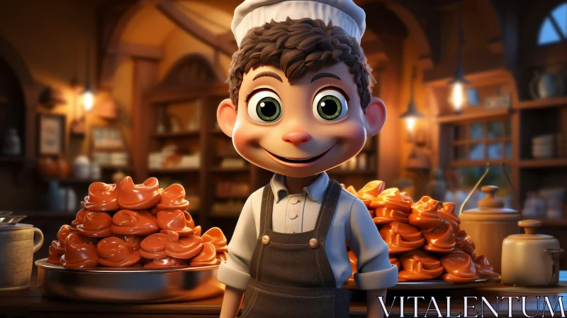 Young Boy Chef in Sweet-Filled Kitchen AI Image