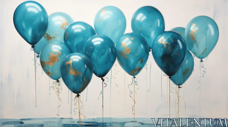 AI ART Blue Balloons Painting with Gold Accents