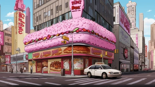 City Street Cartoon with Donut Shop - Donut Box