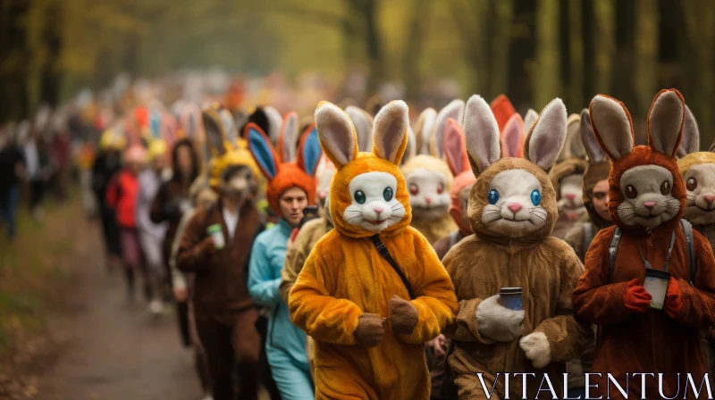 Colorful Bunny Costumes March: A Primitivist Frenzy AI Image