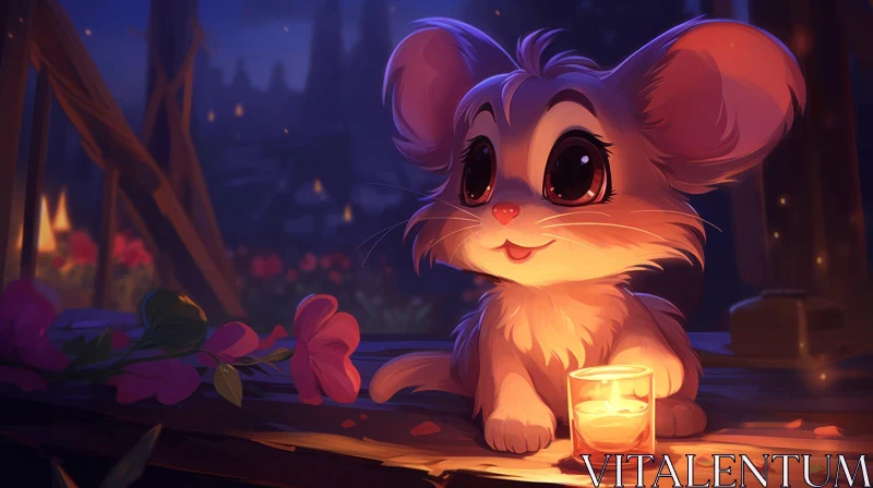 Cute Mouse Digital Painting on Wooden Table AI Image