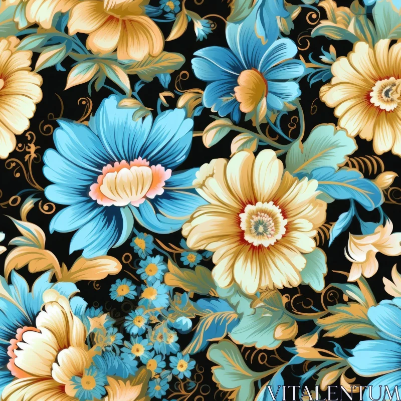 Dark Floral Pattern - Blue, Gold, Green AI Image