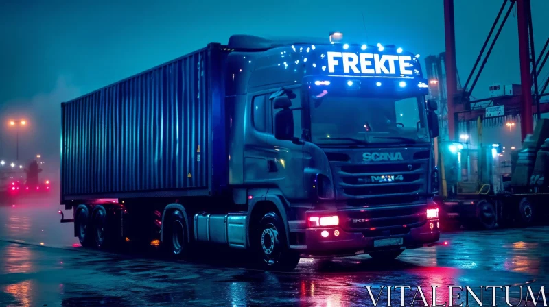 Enchanting Blue Semi-Truck on Rainy Night | Transportation Image AI Image