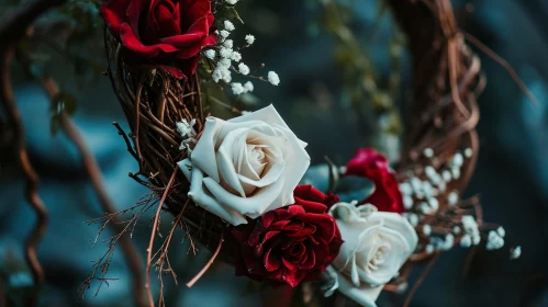 Floral Wreath: Dark Red and Creamy White Roses with Baby's Breath Flowers