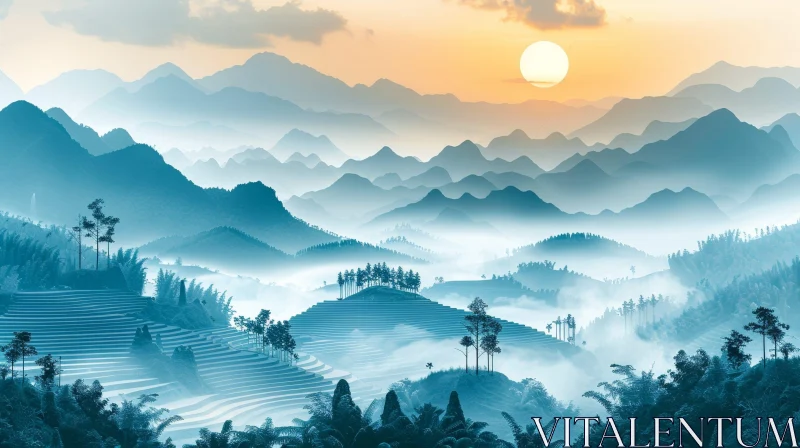 AI ART Golden Sunrise in Misty Mountains Landscape