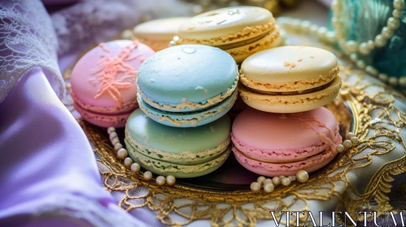 Multicolored Macarons on Golden Plate - Exquisite Dessert Display AI Image