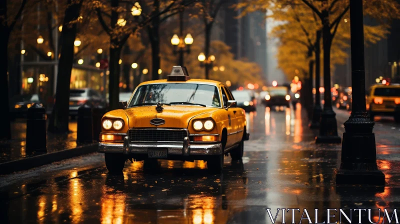 Nighttime Urban Scene with Taxi Cab on Wet Street AI Image