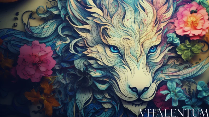 AI ART Realistic Lion's Head Digital Painting with Flowers
