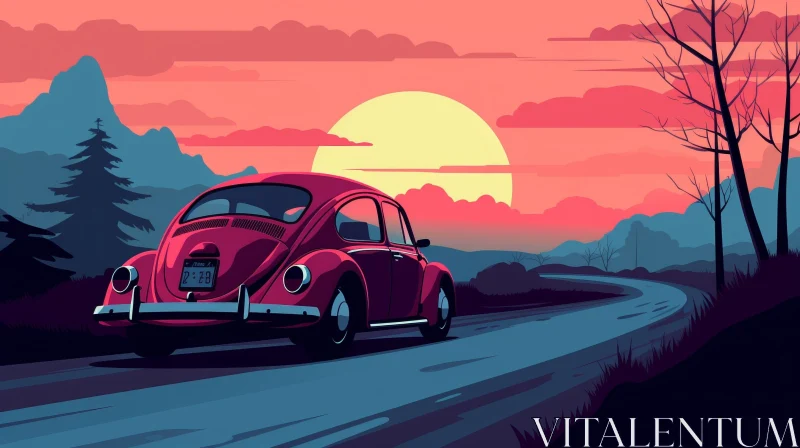 AI ART Red Volkswagen Beetle Driving on Mountain Road at Sunset