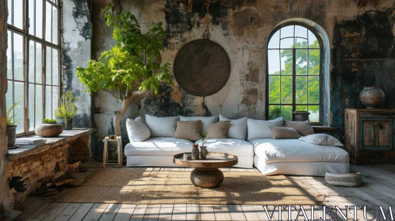 Rustic Living Room with White Sofa and Wooden Coffee Table AI Image