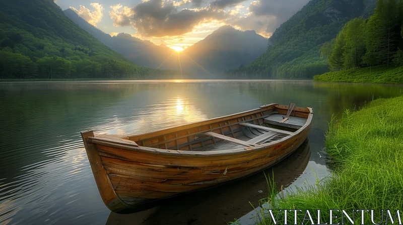 AI ART Tranquil Lake Scene with Wooden Boat and Mountains
