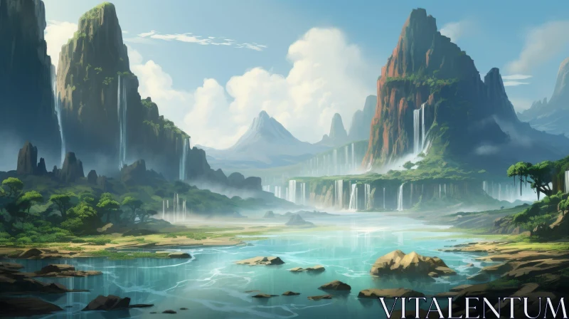 Tranquil Valley Landscape with River and Waterfalls AI Image