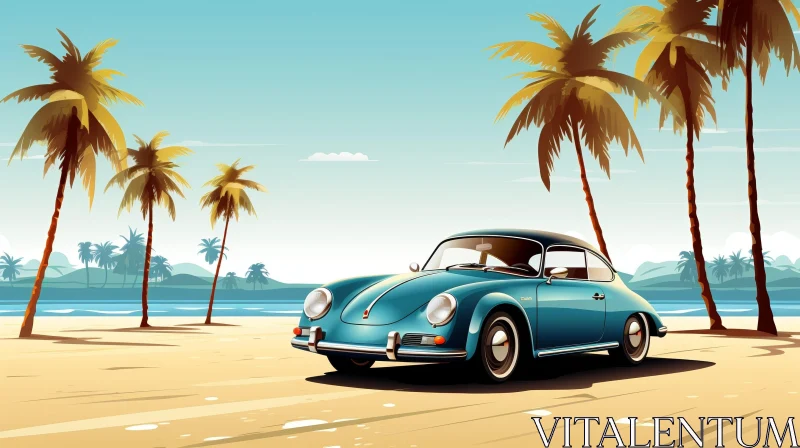 Vintage Blue Porsche 356 on Beach - Digital Illustration AI Image