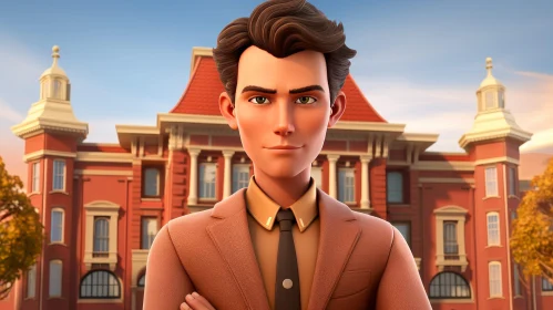 Young Man in Brown Suit Standing in Front of Red Brick Building