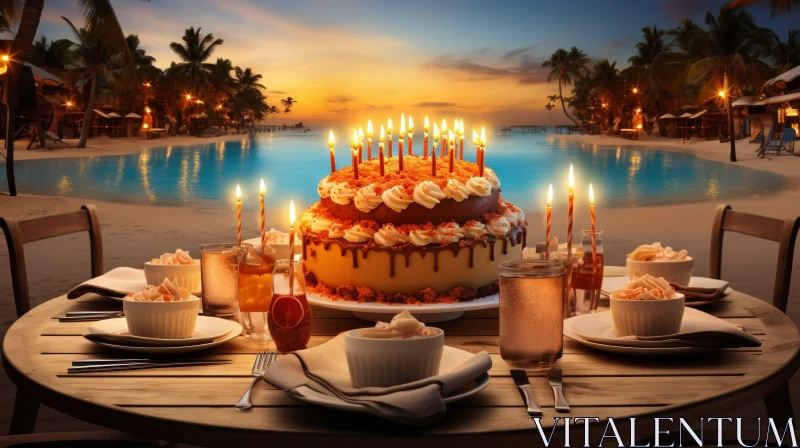 Beach Sunset Table Setting with Cake and Cupcakes AI Image