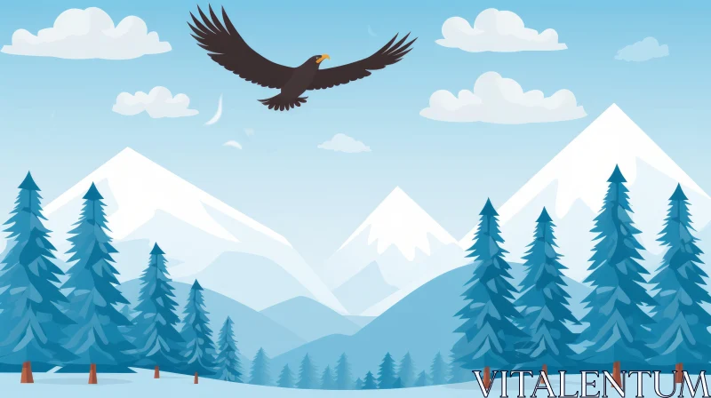 Cartoon Snow-Capped Mountain Landscape with Eagle AI Image