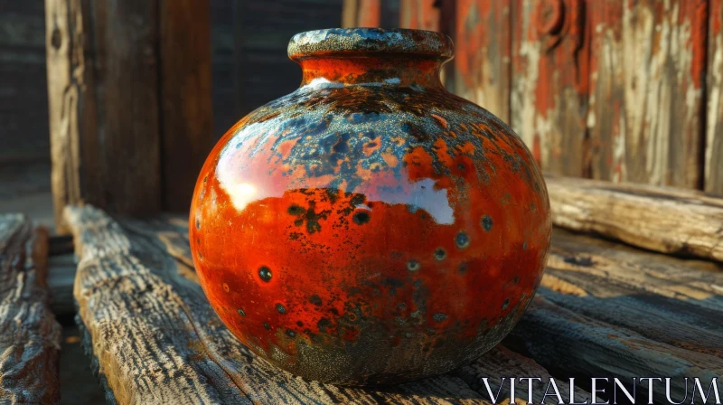 Close-Up Ceramic Vase on Wooden Surface | Orange, Brown, and Black Colors AI Image