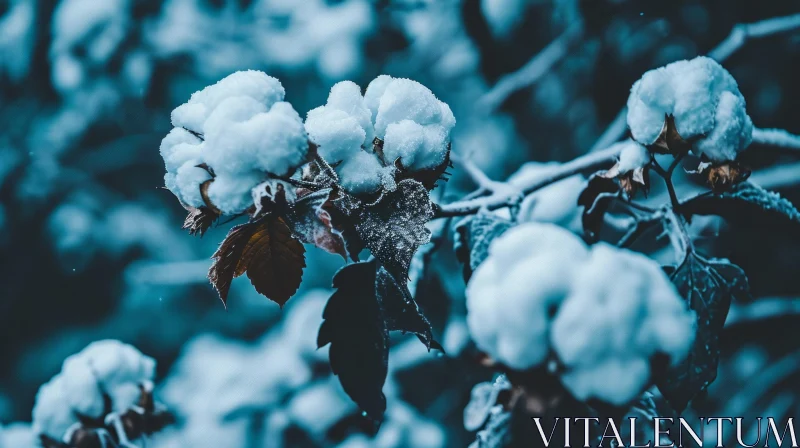 Close-Up of Cotton Plant with Delicate Snow - Winter Beauty AI Image