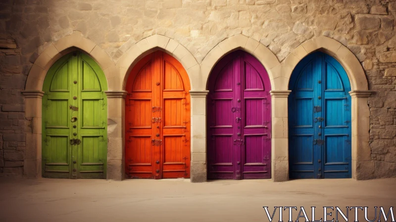 Colorful Arched Wooden Doors in Stone Wall AI Image