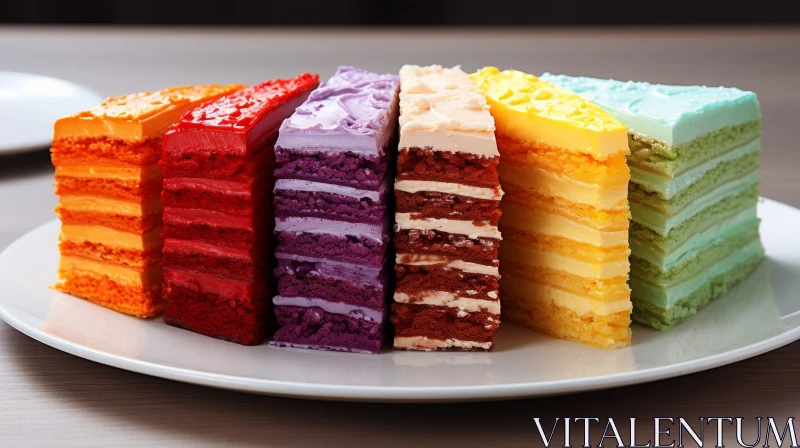 Colorful Multi-Layered Cake on White Plate AI Image