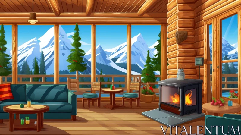 Cozy Living Room in Log Cabin with Mountain View AI Image
