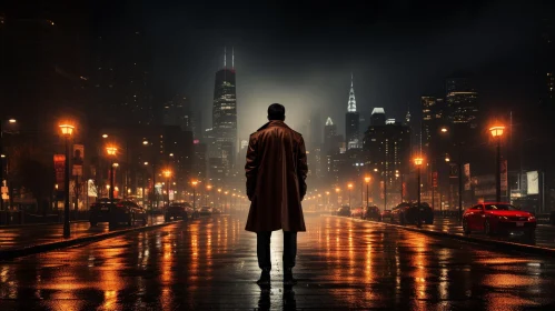 Enigmatic Night Scene: Lone Man in Rainy City Street