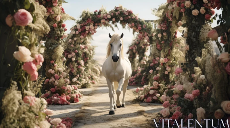 Fairytale Illustration of White Horse in Floral Arch AI Image