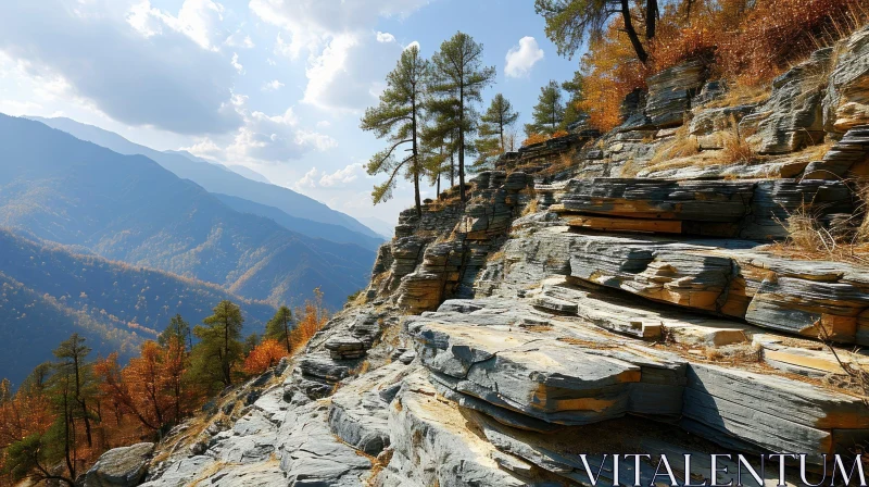 Majestic Rocky Cliff with Trees and Serene Valley AI Image