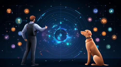 Man and Dog with Digital Screen - World Map Display
