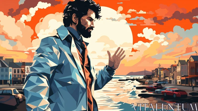 Man on Pier at Sunset Digital Painting AI Image