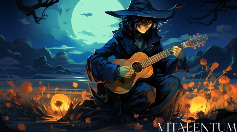 Moonlit Serenade - Young Man Playing Guitar in Field AI Image