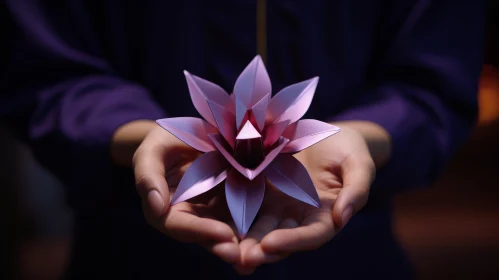 Pink Origami Lotus Flower in Hands