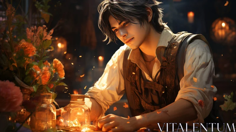 Portrait of a Thoughtful Man with Candle and Flowers AI Image